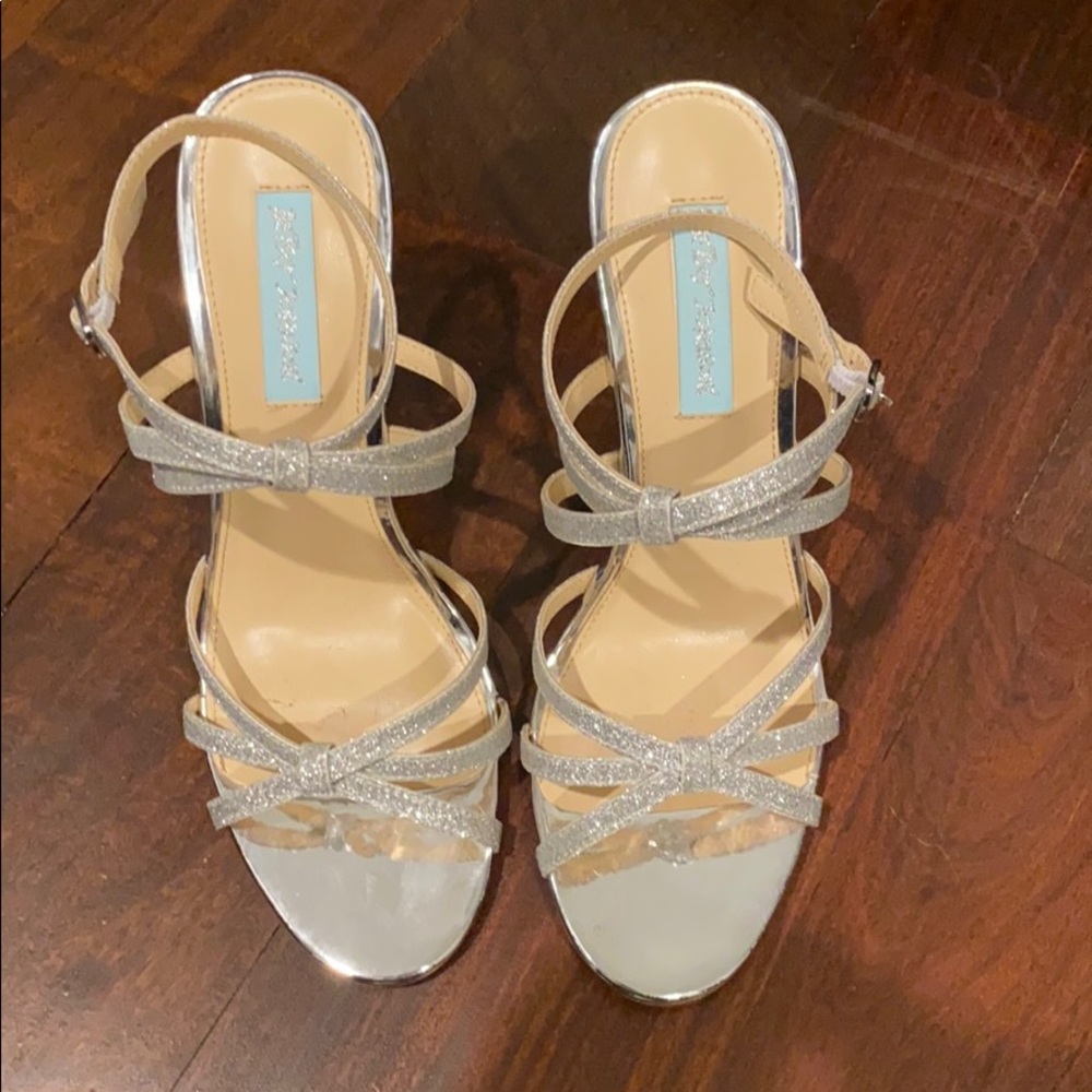 Blue by Betsey Johnson, silver strappy heals. 9.5